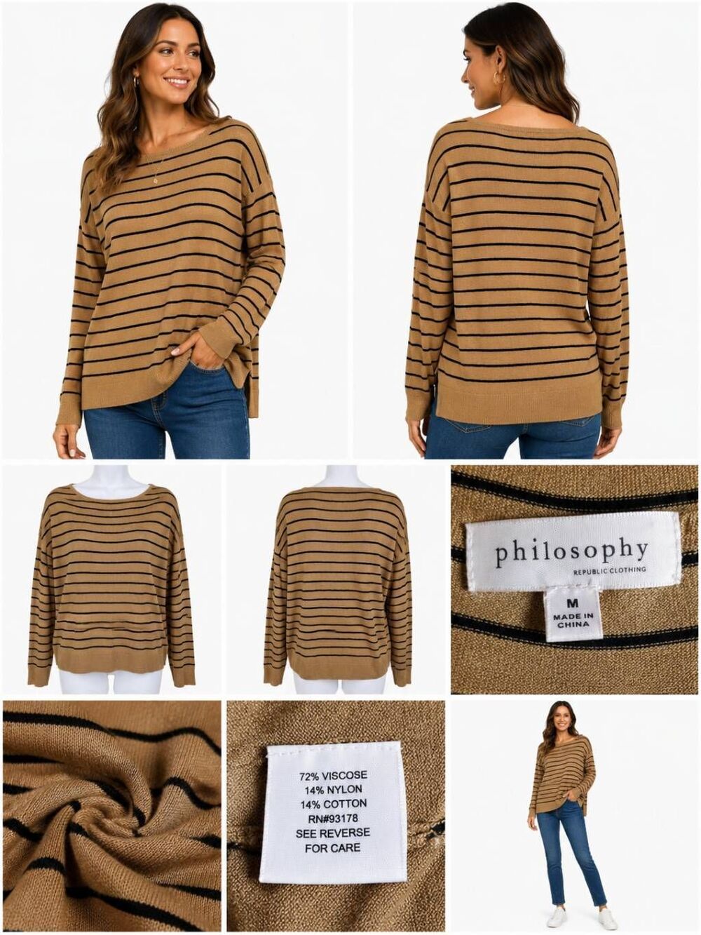 Philosophy Republic Clothing Women’s M Tan Black Stripe Sweater Pullover Lightwe